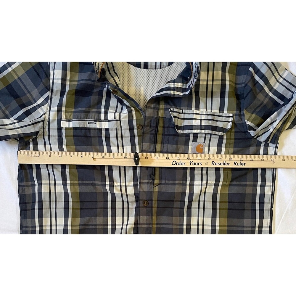 Carhartt RCE Men's Short Sleeve Sz L Button Blue Plaid Relax Fit Side Zip Pocket - Picture 7 of 8
